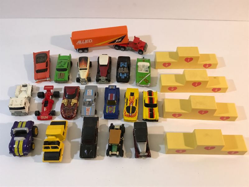 Photo 1 of MATCHBOX & HOT WHEELS CARS SOME VINTAGE WITH PODIUM STANDS 