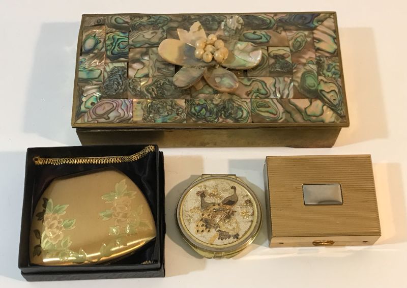 Photo 1 of VINTAGE DECORATIVE COMPACTS (BRASS WITH INLAY) AND JEWELRY BOX (MOTHER OF PEARL) & MORE 