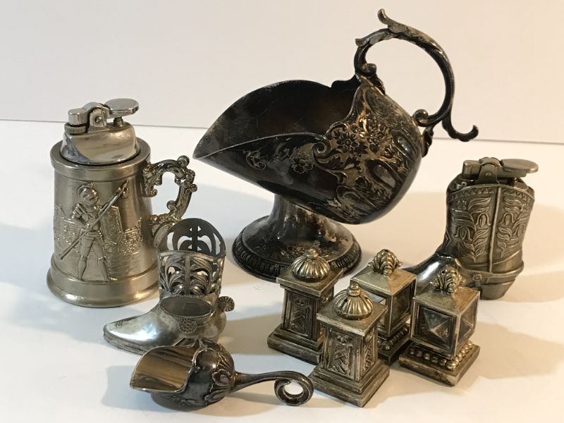 Photo 1 of ANTIQUE SILVER PLATE SALT AND PEPPER SHAKERS, UNIQUE LIGHTERS.