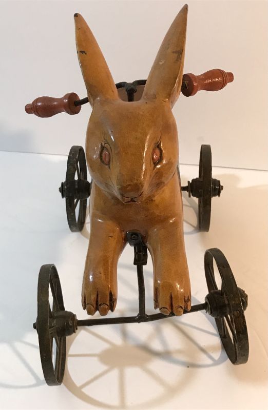 Photo 3 of VINTAGE FOLK ART CARVED BUNNY RABBIT ON METAL WHEELS. H-11”