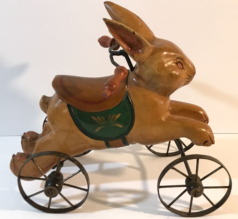 Photo 2 of VINTAGE FOLK ART CARVED BUNNY RABBIT ON METAL WHEELS. H-11”