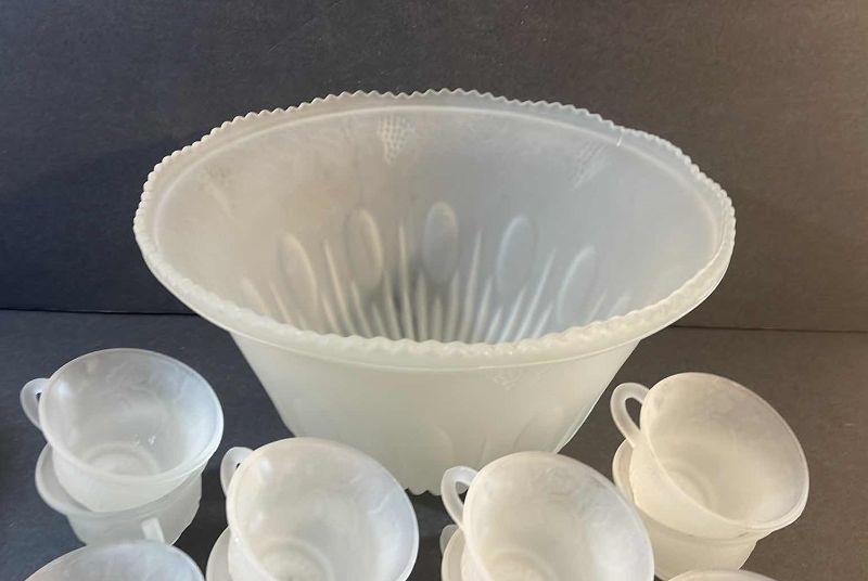 Photo 1 of 1960’S 11 PIECE “PRINCESS FROSTED CLEAR" BY INDIAN GLASS COMPANY FROSTED PUNCH BOWL