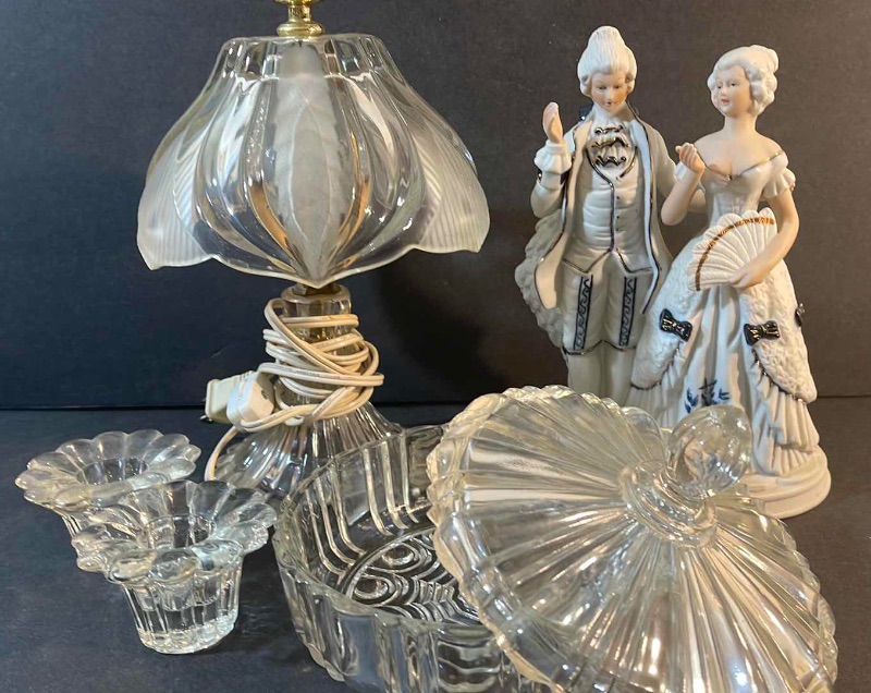 Photo 1 of VINTAGE HEAVY CUT CRYSTAL CLEAR GLASS VANITY LAMP , CANDY DISH , CANDLE HOLDERS AND MORE