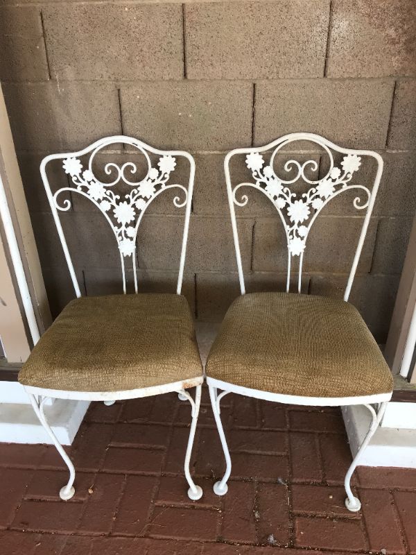Photo 1 of VINTAGE PAIR OF FRENCH WHITE CAST IRON GARDENS CHAIRS WITH FABRIC SEATS. W-18”, D-24”, H-36”
