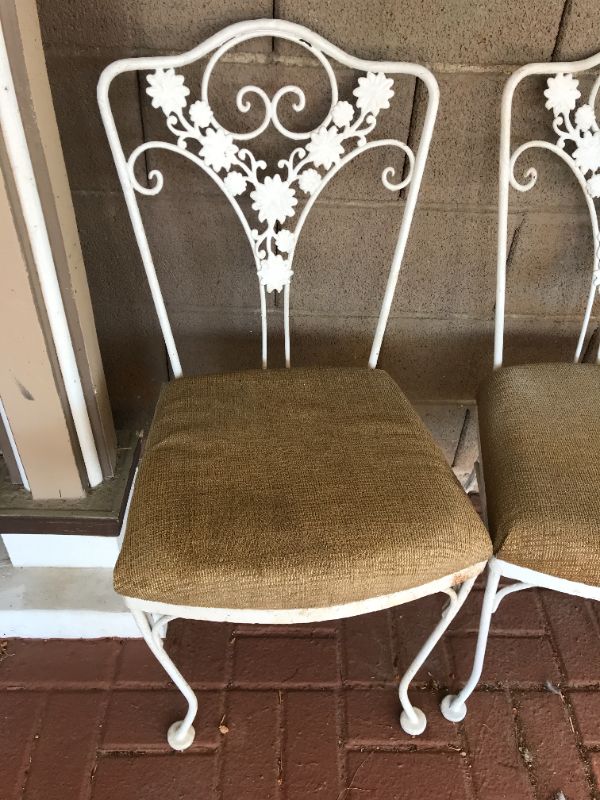 Photo 3 of VINTAGE PAIR OF FRENCH WHITE CAST IRON GARDENS CHAIRS WITH FABRIC SEATS. W-18”, D-24”, H-36”