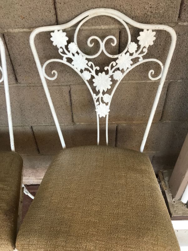 Photo 1 of VINTAGE PAIR OF FRENCH WHITE CAST IRON GARDENS CHAIRS WITH FABRIC SEATS. W-18”, D-24”, H-36”