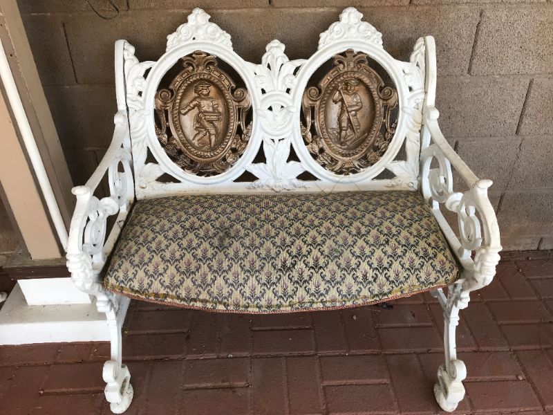 Photo 1 of ANTIQUE FRENCH CAST IRON GARDEN LOVESEAT/ BENCH WITH COLONIAL CHARACTER ART. W-36”, D-25”, H-36” (NOTE: SEAT NEEDS RESTORATION)