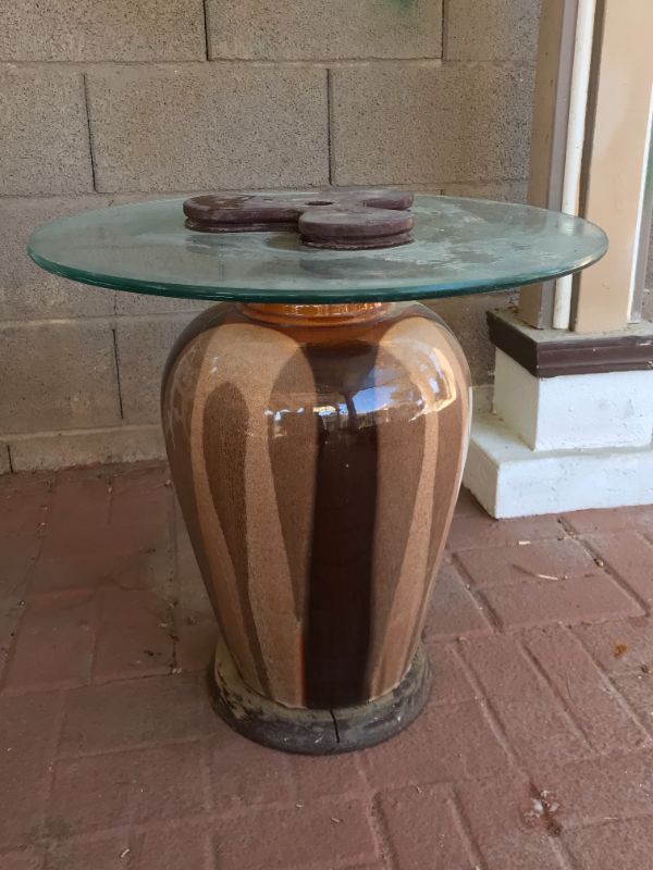 Photo 1 of CIRCULAR TABLE (AND/OR LAMP BASE) WITH CERAMIC BASE AND GLASS TOP. W-20”, H-21”