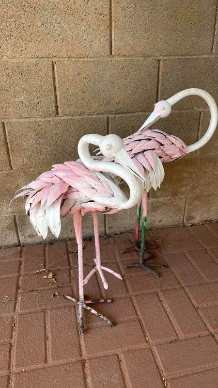 Photo 1 of VINTAGE PAIR OF BEAUTIFUL WROUGHT IRON PAINTED FLAMINGO GARDEN STATUETTES. H-27”