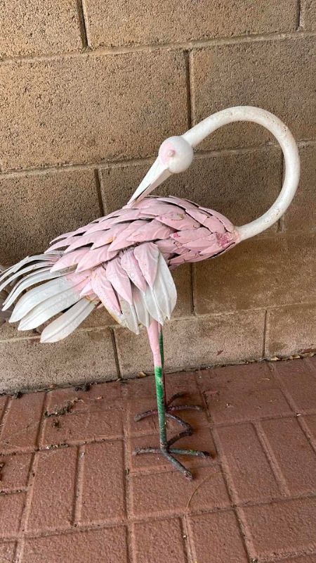 Photo 3 of VINTAGE PAIR OF BEAUTIFUL WROUGHT IRON PAINTED FLAMINGO GARDEN STATUETTES. H-27”