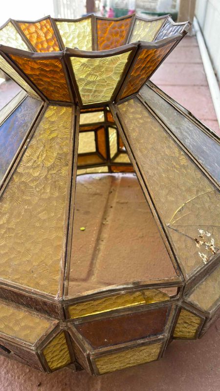 Photo 1 of VINTAGE STAINED-GLASS LAMP SHADE WITH BROWN OLIVE-GREEN PANELS. W-18” (*SOME PANELS MISSING | CRACKED * NEEDS RESTORATION)