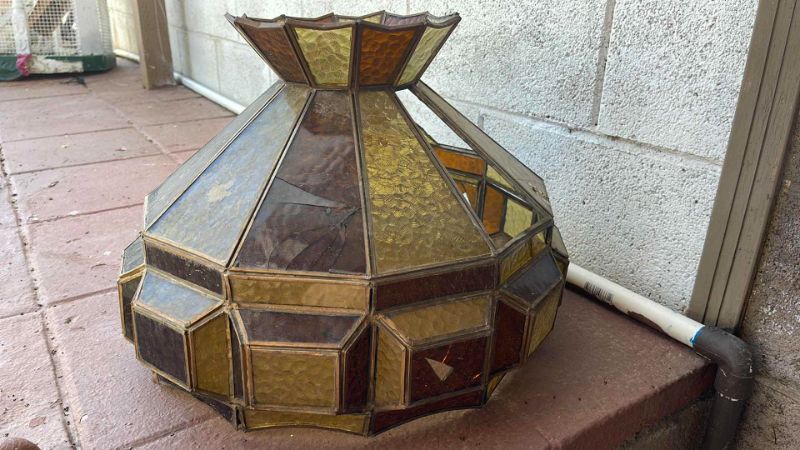 Photo 1 of VINTAGE STAINED-GLASS LAMP SHADE WITH BROWN OLIVE-GREEN PANELS. W-18” (*SOME PANELS MISSING | CRACKED * NEEDS RESTORATION)