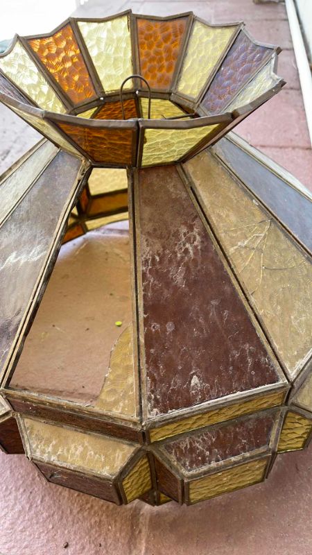 Photo 3 of VINTAGE STAINED-GLASS LAMP SHADE WITH BROWN OLIVE-GREEN PANELS. W-18” (*SOME PANELS MISSING | CRACKED * NEEDS RESTORATION)