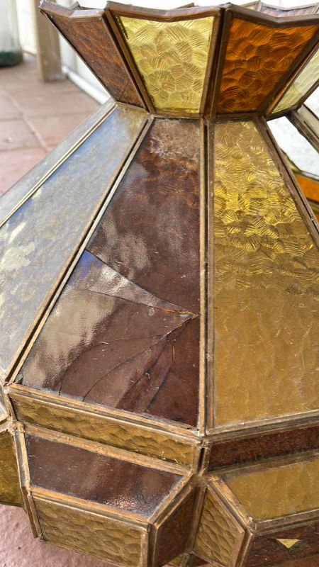 Photo 2 of VINTAGE STAINED-GLASS LAMP SHADE WITH BROWN OLIVE-GREEN PANELS. W-18” (*SOME PANELS MISSING | CRACKED * NEEDS RESTORATION)