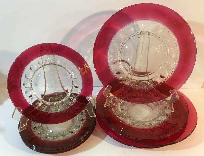 Photo 1 of VINTAGE TIFFIN FRANCISCAN KING'S CROWN RUBY RED FLASHED 4 GLASS SNACK PLATES ,4 SALAD PLATES NO CUPS 