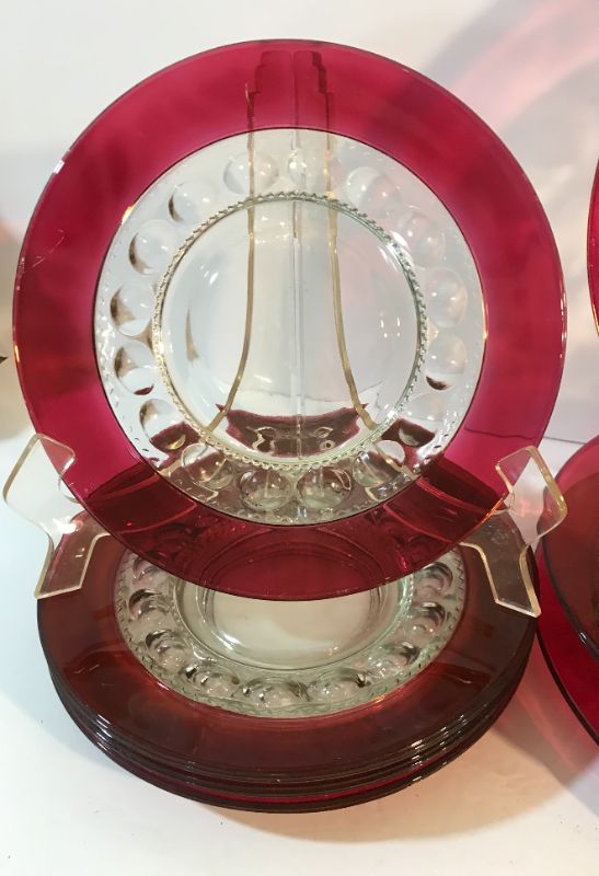 Photo 2 of VINTAGE TIFFIN FRANCISCAN KING'S CROWN RUBY RED FLASHED 4 GLASS SNACK PLATES ,4 SALAD PLATES NO CUPS 