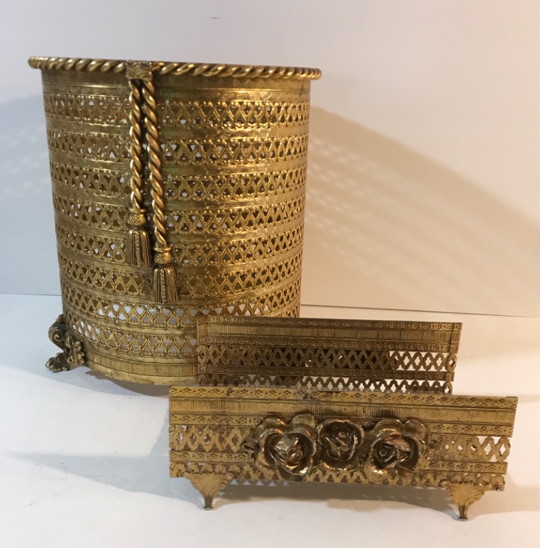 Photo 1 of MID-CENTURY HOLLYWOOD REGENCY TRASH CAN / WASTEBASKET ORMOLU 
PAPER TOWEL HOLDER
