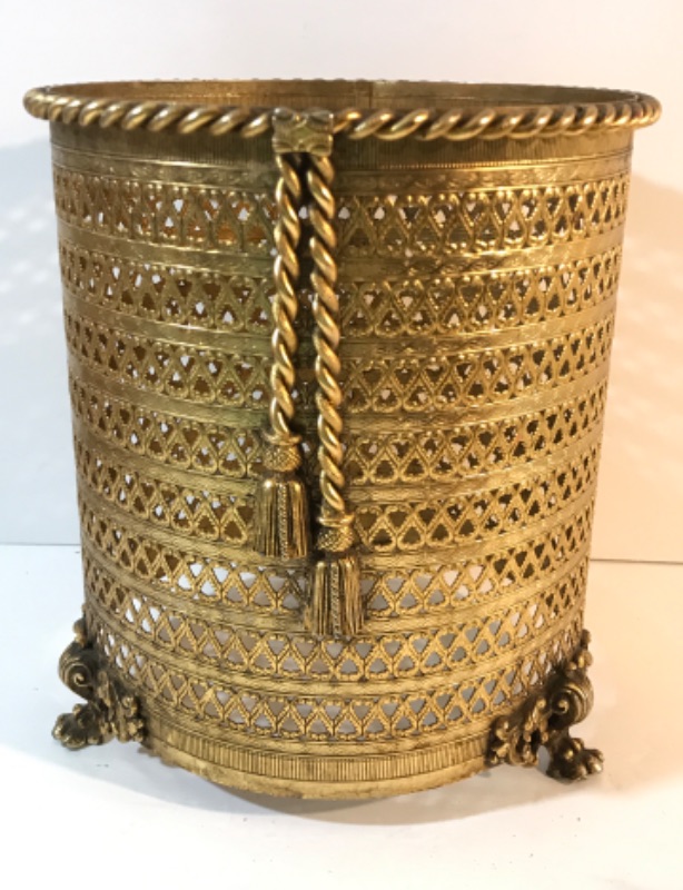 Photo 2 of MID-CENTURY HOLLYWOOD REGENCY TRASH CAN / WASTEBASKET ORMOLU 
PAPER TOWEL HOLDER
