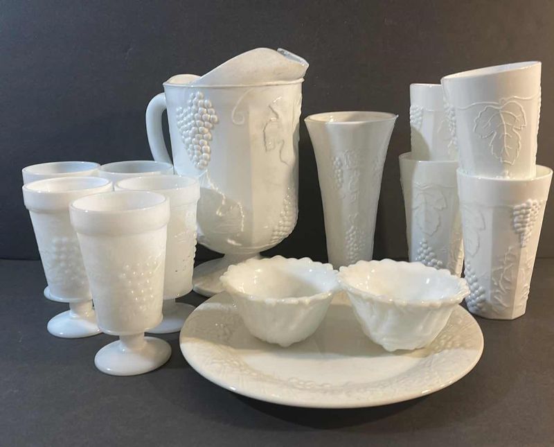 Photo 1 of VINTAGE INDIANA GLASS COLONY HARVEST GRAPE MILK GLASS PITCHER, 4 TUMBLERS, VASE, PLATE & 5 SUNDAE CUPS