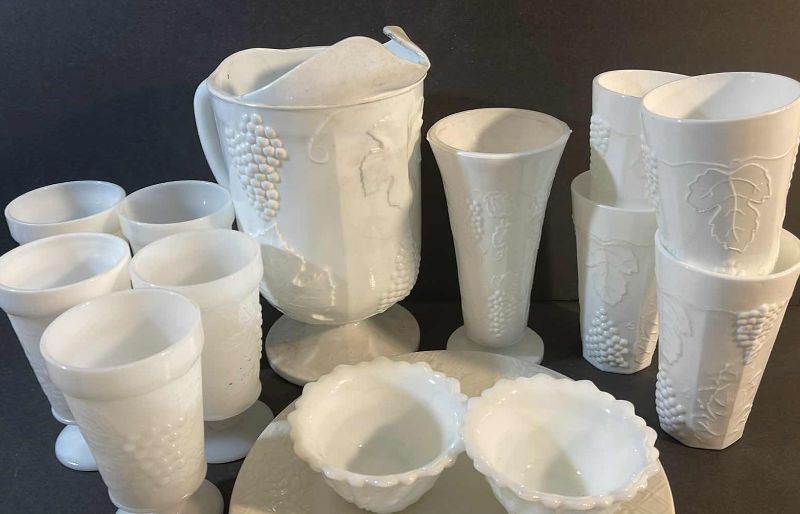 Photo 1 of VINTAGE INDIANA GLASS COLONY HARVEST GRAPE MILK GLASS PITCHER, 4 TUMBLERS, VASE, PLATE & 5 SUNDAE CUPS