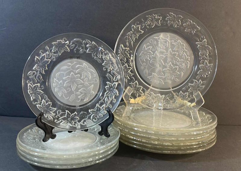 Photo 1 of VINTAGE PRINCESS HOUSE FANTASIA POINSETTIA CLEAR GLASS W/ FROSTED CENTER 
7 DINNER PLATES, 5 LUNCH PLATES