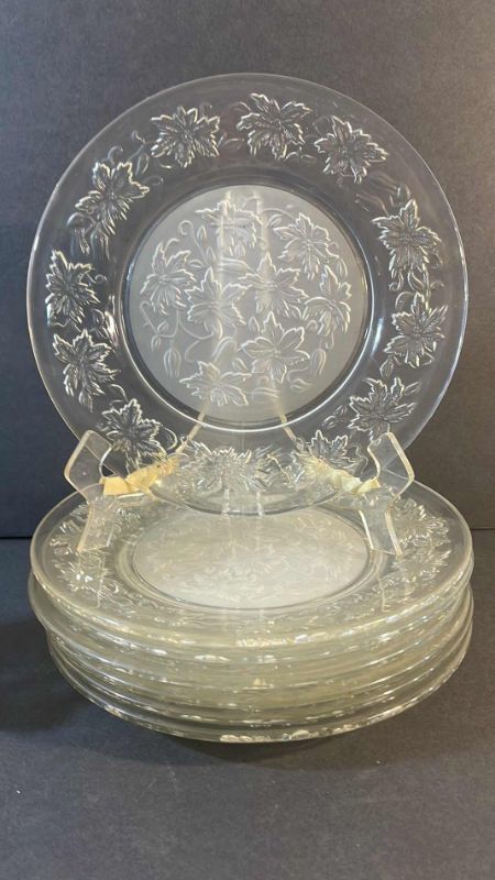 Photo 3 of VINTAGE PRINCESS HOUSE FANTASIA POINSETTIA CLEAR GLASS W/ FROSTED CENTER 
7 DINNER PLATES, 5 LUNCH PLATES