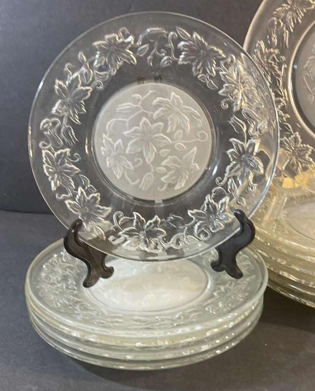 Photo 2 of VINTAGE PRINCESS HOUSE FANTASIA POINSETTIA CLEAR GLASS W/ FROSTED CENTER 
7 DINNER PLATES, 5 LUNCH PLATES