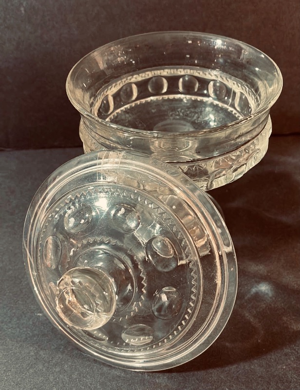 Photo 4 of VINTAGE CUT GLASS CANDY DISHES WITH SAME PATTERN CREAM & SUGAR LARGE ONE HAS A FEW BITE MARKS H- 10”