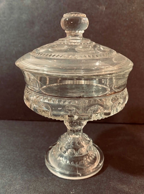 Photo 3 of VINTAGE CUT GLASS CANDY DISHES WITH SAME PATTERN CREAM & SUGAR LARGE ONE HAS A FEW BITE MARKS H- 10”