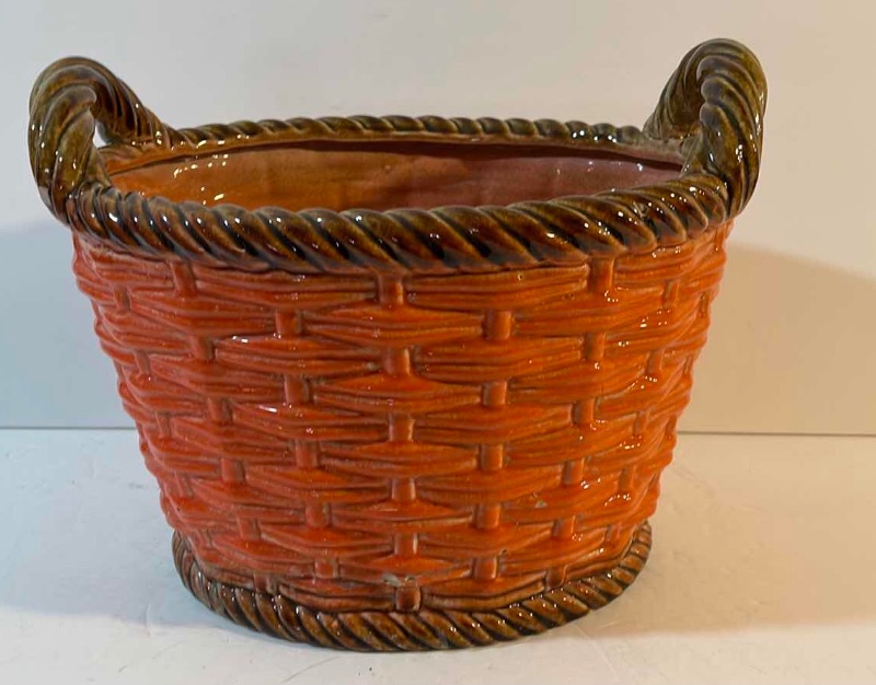 Photo 3 of VINTAGE CERAMIC POTTERY WOVEN LARGE BASKETS WITH HANDLES 
BLUE - 14.5”x8.5”x9” 
ORANGE- 12”x9”x9”
