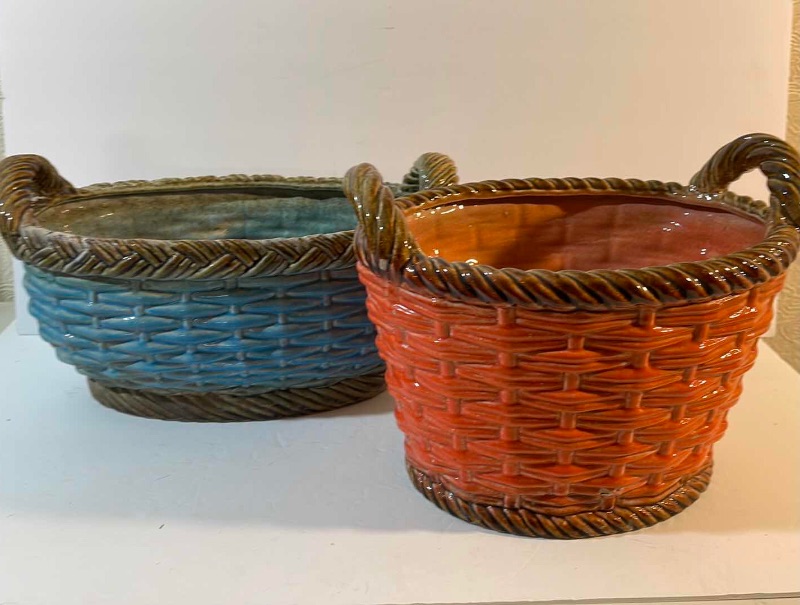 Photo 1 of VINTAGE CERAMIC POTTERY WOVEN LARGE BASKETS WITH HANDLES 
BLUE - 14.5”x8.5”x9” 
ORANGE- 12”x9”x9”