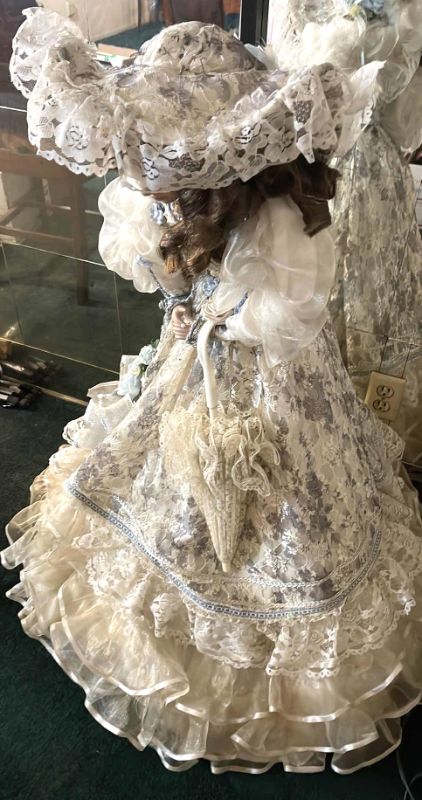 Photo 1 of CATHAY COLLECTION 1-5000 VINTAGE COLLECTIBLE PORCELAIN VICTORIAN DRESS AND HAT DOLL 40 INCHES