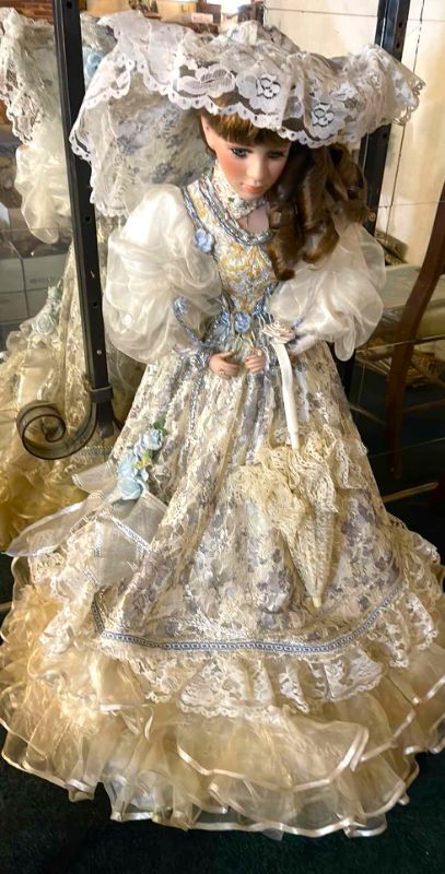 Photo 1 of CATHAY COLLECTION 1-5000 VINTAGE COLLECTIBLE PORCELAIN VICTORIAN DRESS AND HAT DOLL 40 INCHES