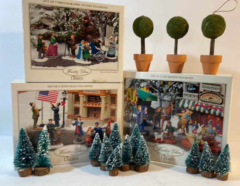 Photo 1 of 3 SETS WINTER GLEN BY DILLARDS VILLAGE FIGURINES & TREES NOS 