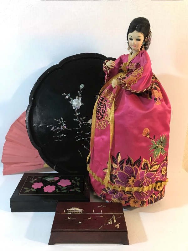 Photo 1 of ASIAN VINTAGE DOLL H- 22 “ , TRINKET BOXES AND BLACK ENAMEL PLATER 
18”