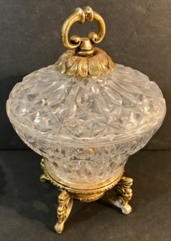 Photo 2 of CRYSTAL W/ BRASS FOOTED CANDY DISH , CRYSTAL ASHTRAY & CIGARETTES CASES