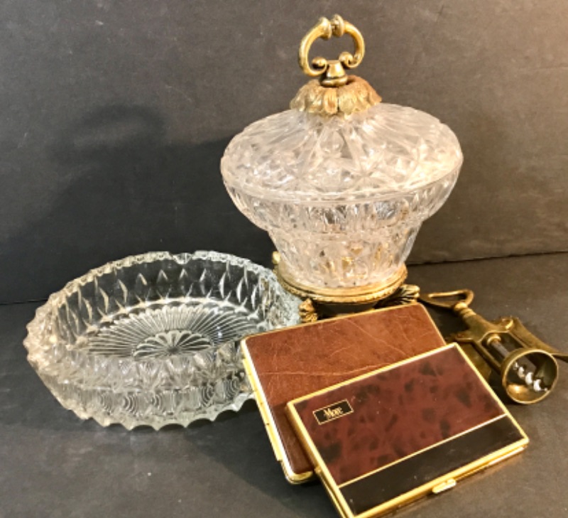 Photo 1 of CRYSTAL W/ BRASS FOOTED CANDY DISH , CRYSTAL ASHTRAY & CIGARETTES CASES