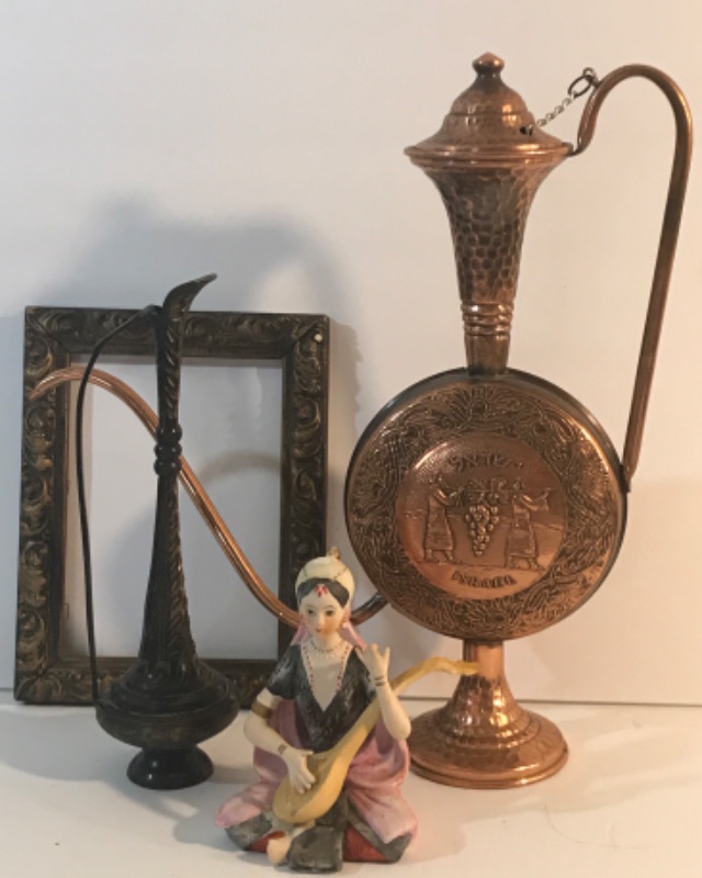 Photo 1 of ISRAEL COPPER PITCHER ,VINTAGE JUDAICA DECORATIVE VASE & MORE