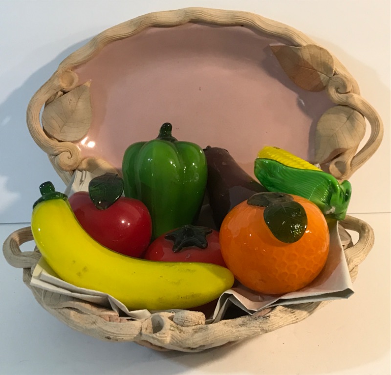 Photo 1 of VINTAGE HANDBLOWN GLASS FRUIT AND VEGGIES UNMARKED MURANO/  AND VINTAGE ITALIAN CERAMIC OPEN WEAVE FRUIT BOWL 