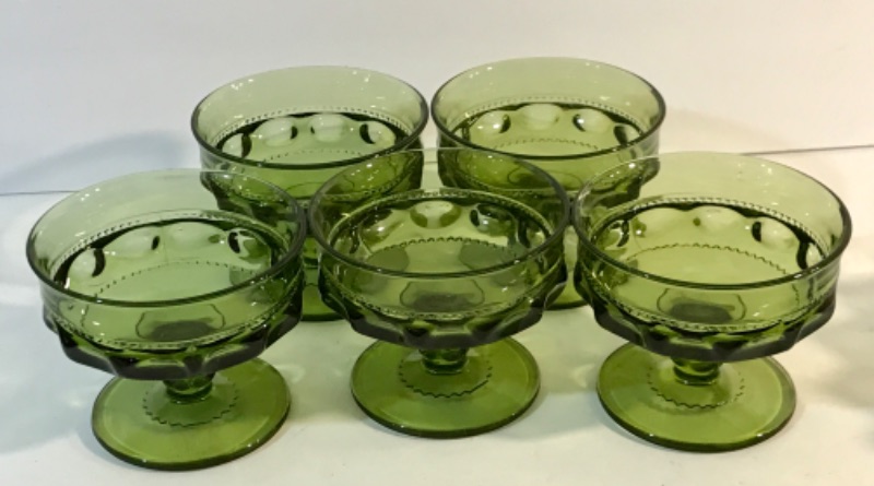 Photo 3 of VINTAGE GREEN GLASS DESERT CUPS AND FOOTED VASE 