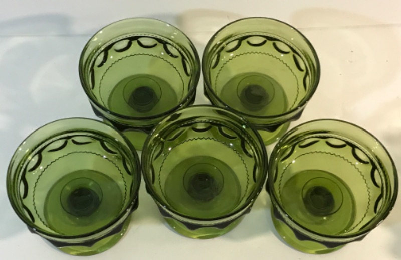 Photo 4 of VINTAGE GREEN GLASS DESERT CUPS AND FOOTED VASE 