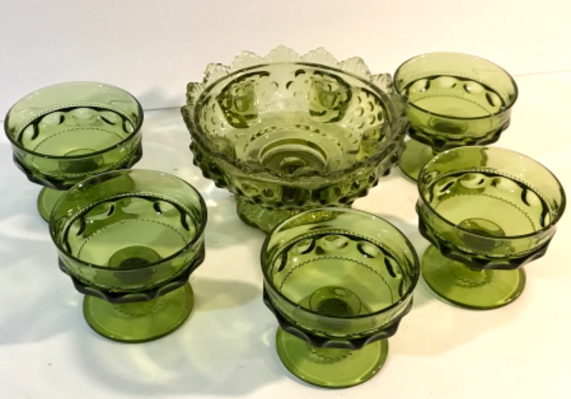 Photo 1 of VINTAGE GREEN GLASS DESERT CUPS AND FOOTED VASE 
