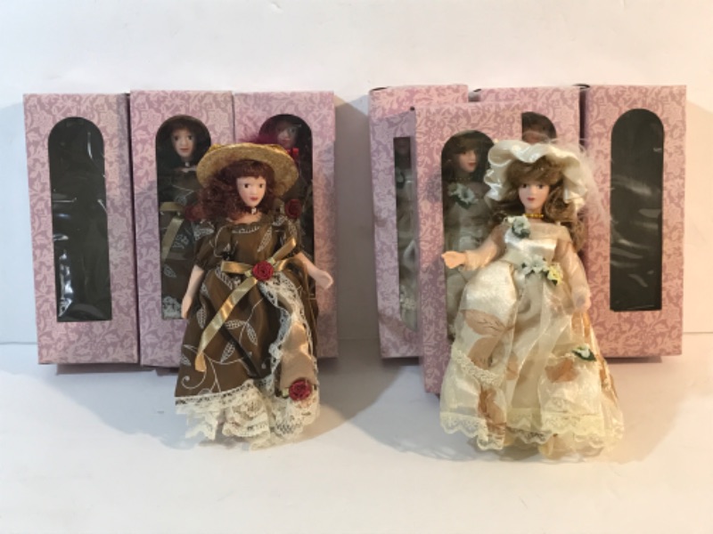 Photo 1 of NOS 8 VINTAGE PORCELAIN VICTORIAN MINIATURE DOLLS  W/ STAND 2 DIFFERENT STYLES