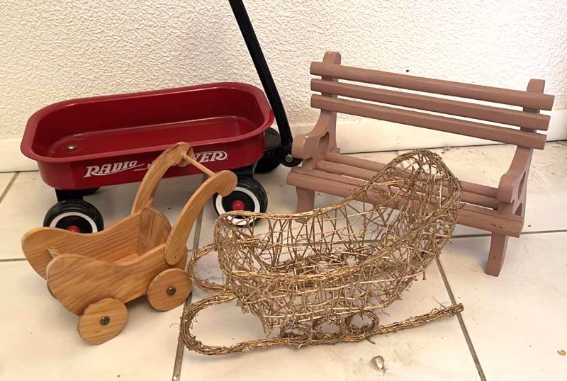 Photo 1 of DOLL FURNITURE AND ACCESSORIES- RADIO FLYER WAGON , PARK BENCH , STROLLER & SLEIGH