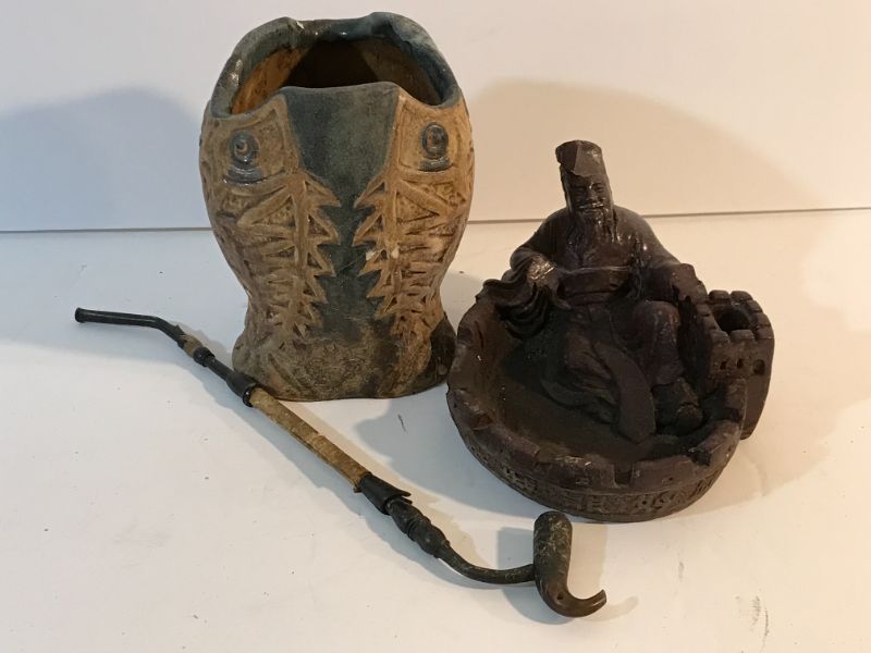 Photo 1 of ANTIQUE ASIAN BRUSH POT, PIPE, AND VINTAGE INCENSE BURNER 