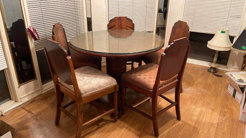 Photo 6 of ANTIQUE CLAW FOOT TABLE WITH GLASS TOP COVER & 5 ART DECO ITALIAN INLAID CHAIRS - SEE NOTES