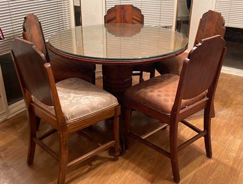 Photo 1 of ANTIQUE CLAW FOOT TABLE WITH GLASS TOP COVER & 5 ART DECO ITALIAN INLAID CHAIRS - SEE NOTES