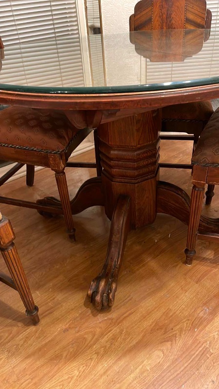 Photo 1 of ANTIQUE CLAW FOOT TABLE WITH GLASS TOP COVER & 5 ART DECO ITALIAN INLAID CHAIRS - SEE NOTES