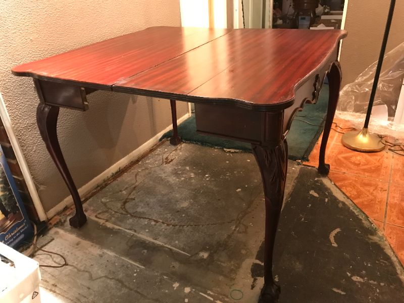 Photo 2 of ANTIQUE WATERTOWN SLIDE TABLE TOP OPENS TO DOUBLE ITS SIZE AND FURTHER W/ CLAW FEET 
38 X 21 X 30