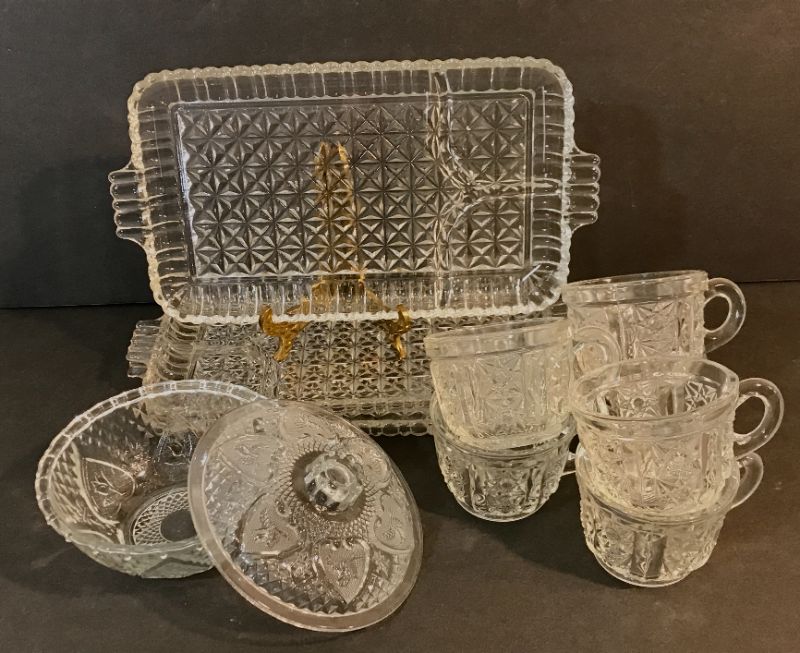 Photo 1 of VINTAGE CLEAR CUT GLASS LUNCH PLATE SETS-
CUPS & APPETIZER TRAYS